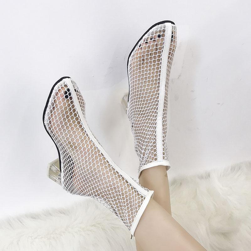 Clear Heel Fishnet Statement Booties - Theone Apparel