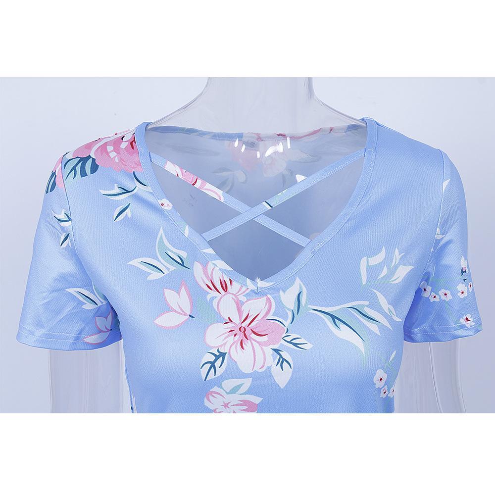 Cross Neck Floral Print Shirt - Theone Apparel