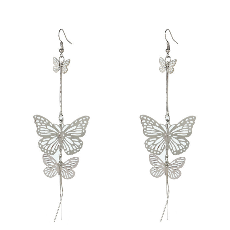 Double Butterfly Metal Drop Earrings-Silver-Theone Apparel