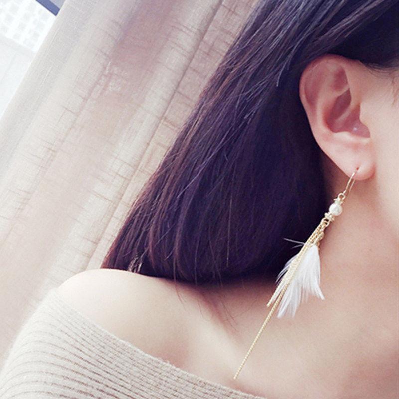 Feather Pendant Chain Tassel Earrings-White-Theone Apparel