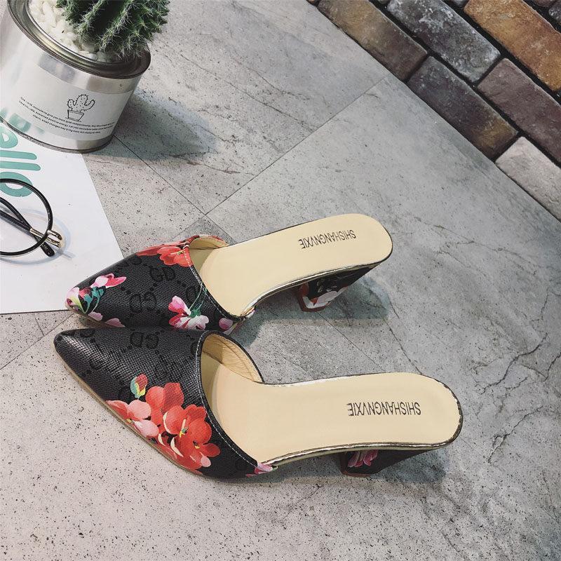 Floral Fashion Print Kitten Heels-Black-Theone Apparel