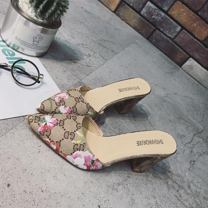 Floral Fashion Print Kitten Heels-Khaki-Theone Apparel