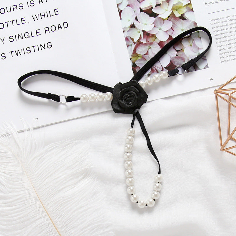 Flower Bud Pearl Strand G String-Black-Theone Apparel