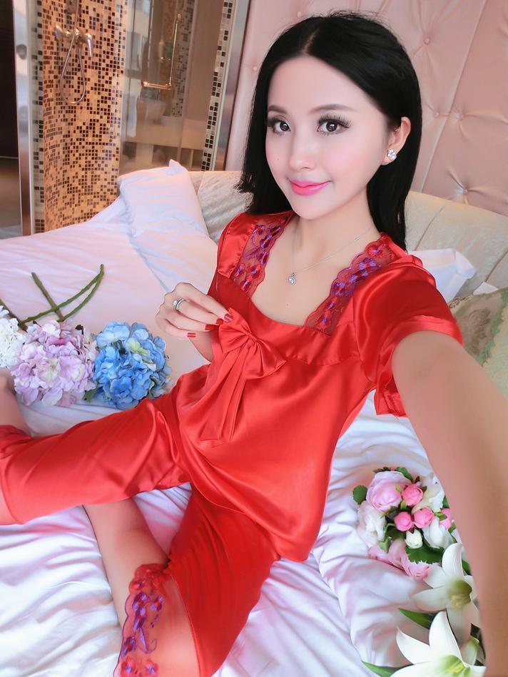 Flowers & Bows Satiny PJ Set-Red-Theone Apparel