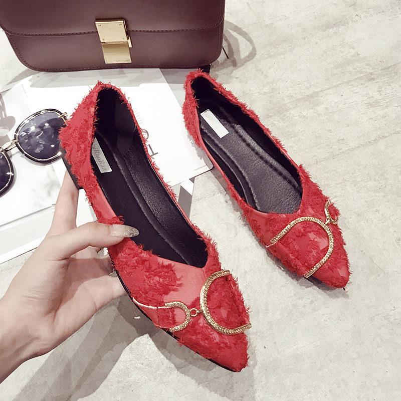 Fringe Trim Buckle Ballet Flats-Red-Theone Apparel