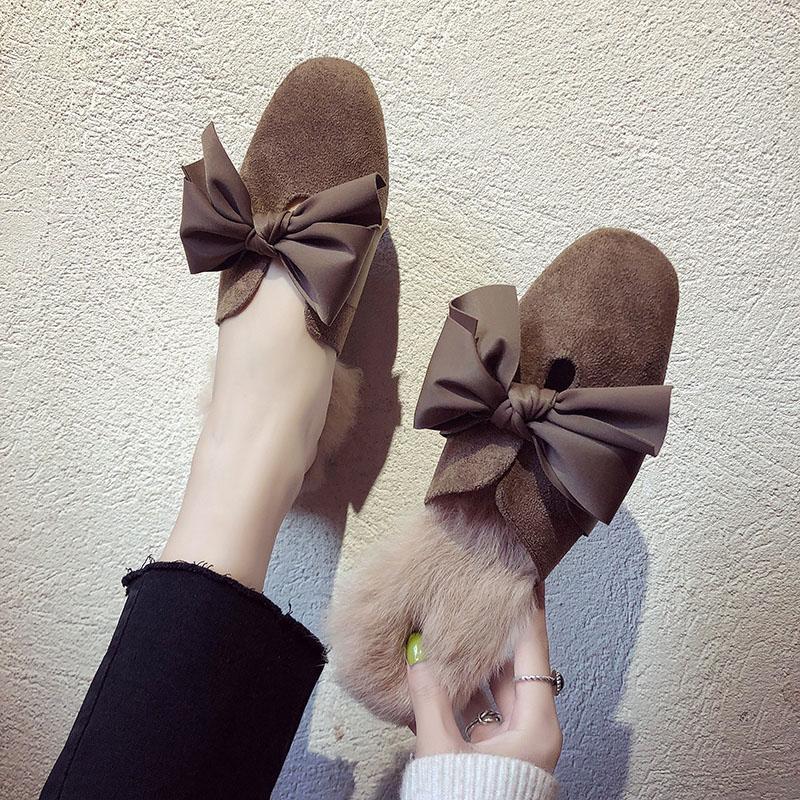 Fur Trim Floppy Bow Slippers - Theone Apparel