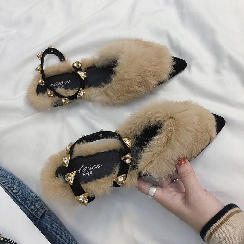 Fuzzy Faux Fur Statement Slides-Apricot-Theone Apparel