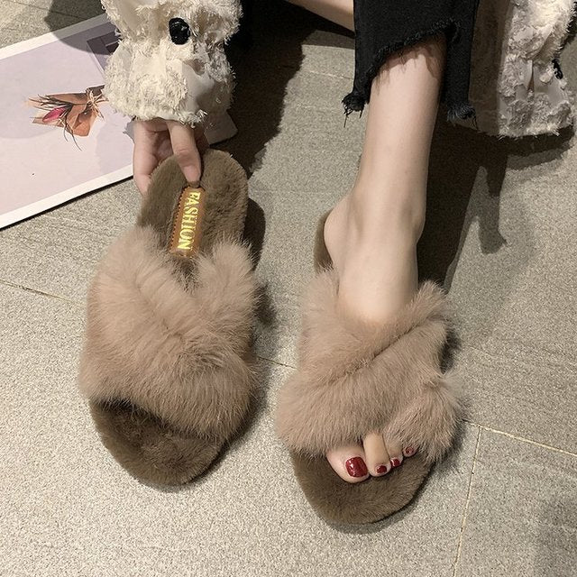 Fuzzy Fur Crisscross Slipper Shoes-Khaki-Theone Apparel