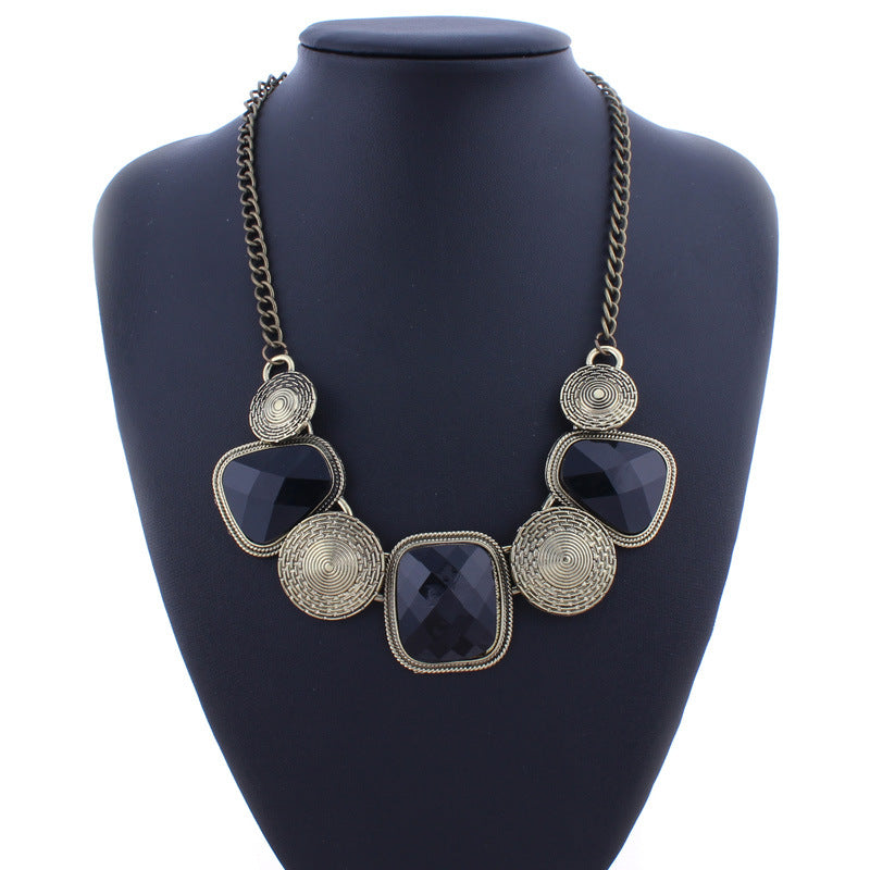 Geometric Retro Gemstone Statement Necklace-Black-Theone Apparel