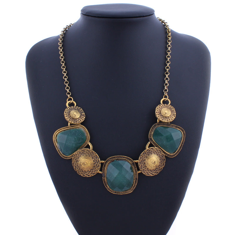 Geometric Retro Gemstone Statement Necklace-Green-Theone Apparel