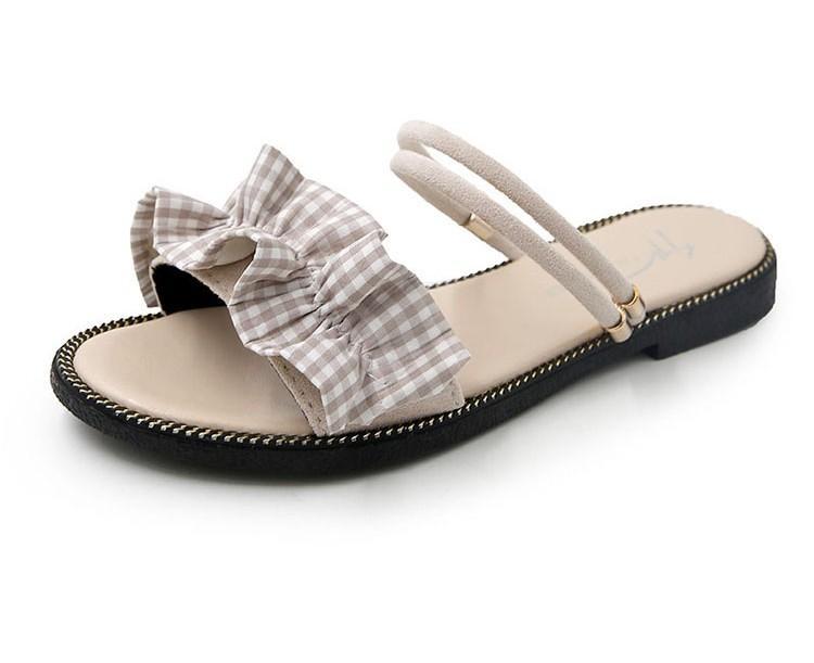 Gingham Print Ruffle Strap Flats - Theone Apparel