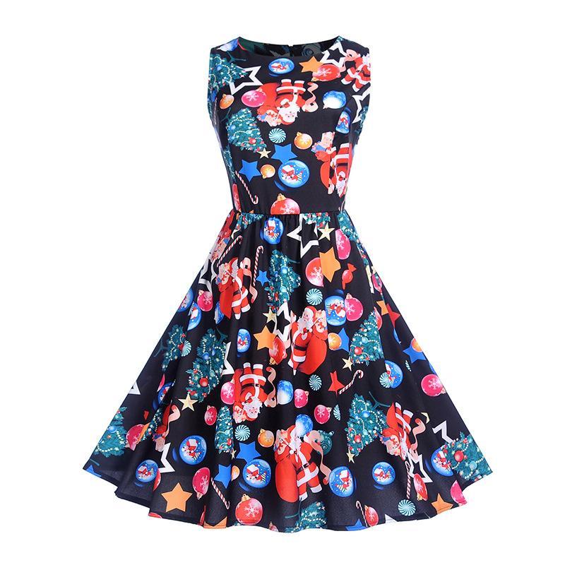 Holiday Print Pleated A Line Dress-Black/Red-Theone Apparel