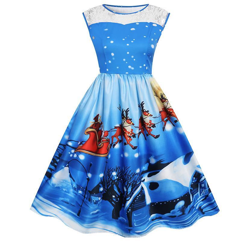 Holiday Scene Boat Neck Dress-Blue-Theone Apparel
