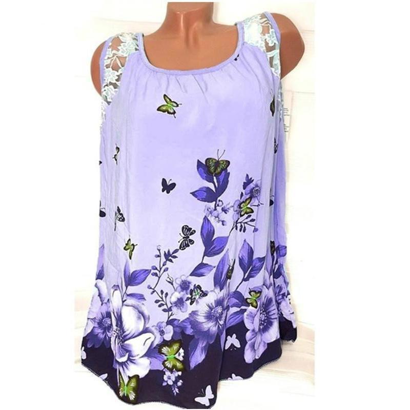 Lace Cutout Butterfly Print Top-Purple-Theone Apparel