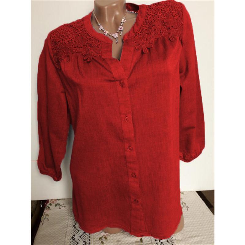 Lace Embroidery Button Up Blouse-Dark Red-Theone Apparel
