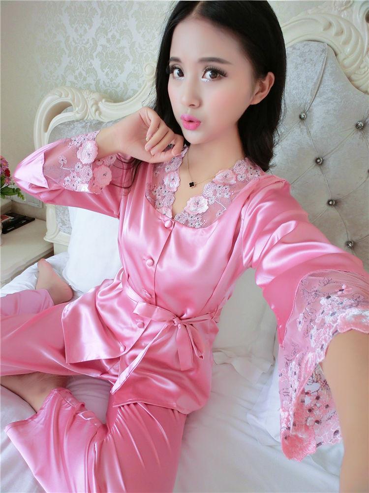 Lace and Satin Pajamas Robe Set - Theone Apparel