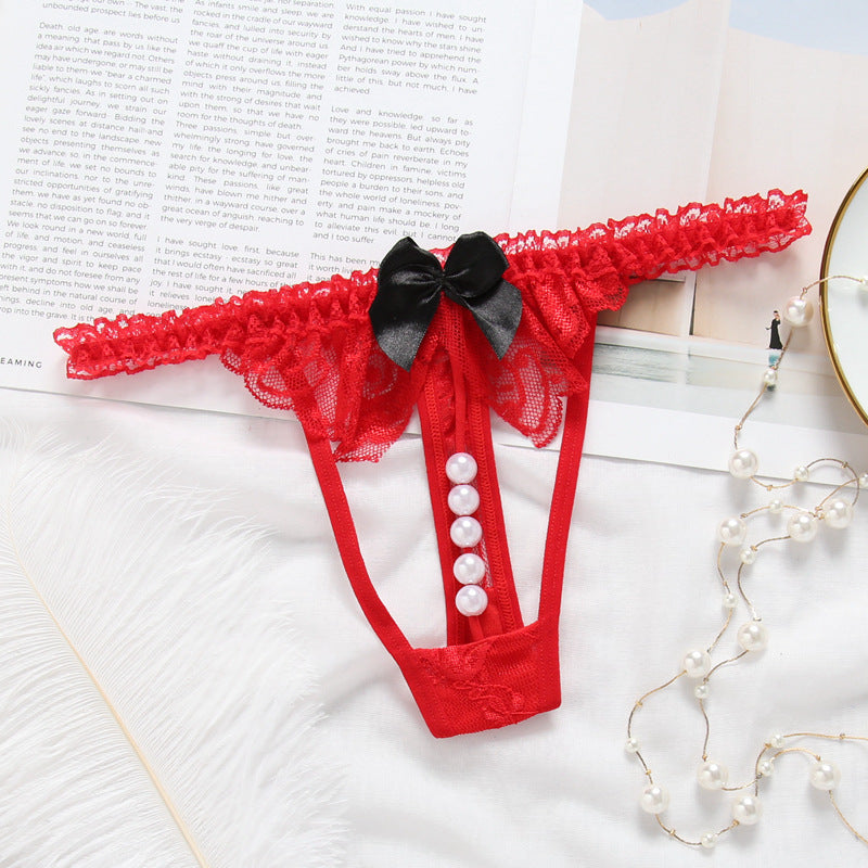 Lacey Bow and Pearl String Thong Panties-Red-Theone Apparel