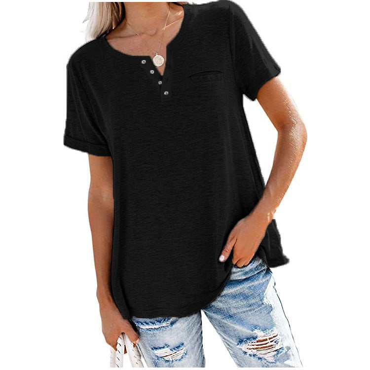 Loose Fitting Short Sleeve V-Neck Tee with Buttons.-Black-Theone Apparel