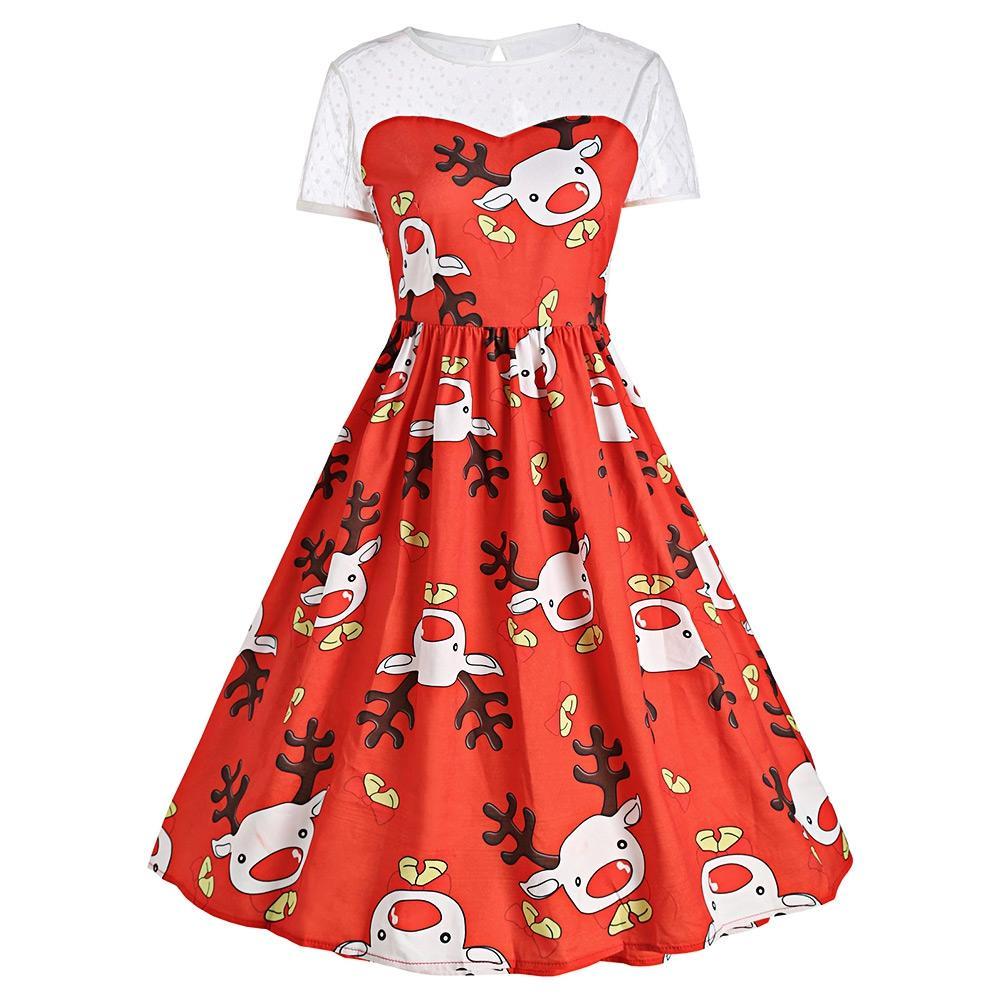 Mesh Christmas Reindeer Party Dress-Red-Theone Apparel