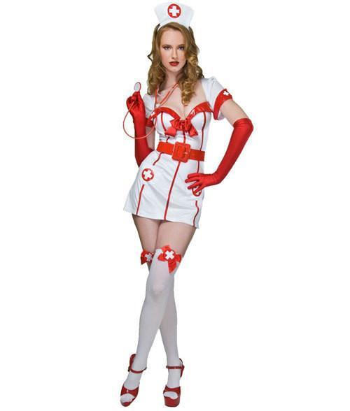 Naughty Sexy Nurse Cosplay Halloween Costume-White/Red-Theone Apparel