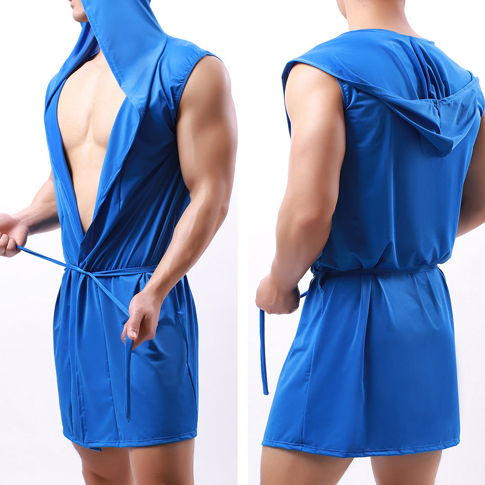 Mens Sexy Sleeveless Hooded Robe