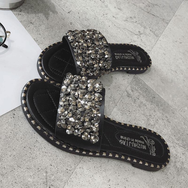 Pearl Encrusted Stud Trim Slippers-Black 2-Theone Apparel