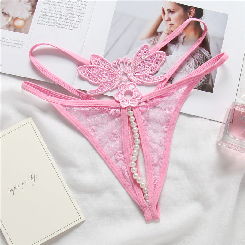 Pearl String and Butterfly Embroidery Thongs-Pink-Theone Apparel