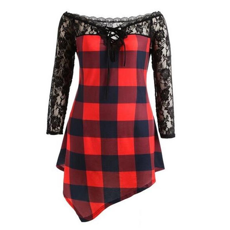 Plaid Checker Lace High Low Shirt-Red-Theone Apparel