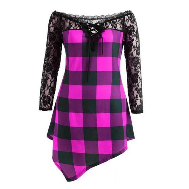 Plaid Checker Lace High Low Shirt-Rose Red-Theone Apparel