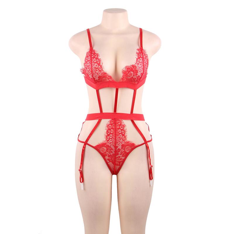 Plus Size Bra & Panty Garter Set-Red-Theone Apparel