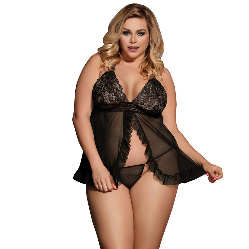Plus Size Open Front Sheer Lace Set-Black-Theone Apparel