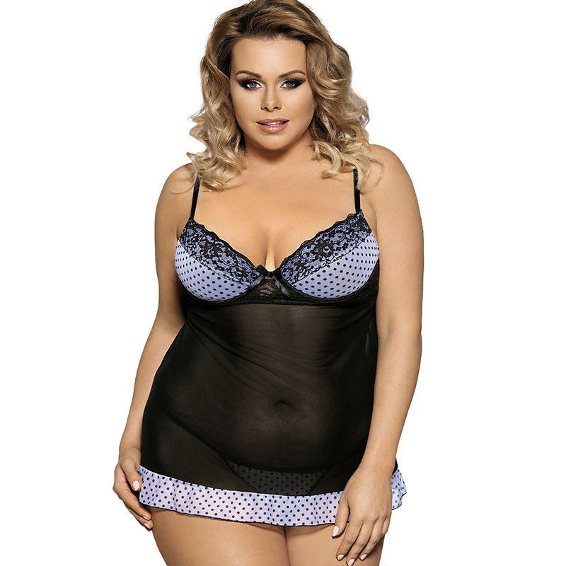 Plus Size Polka Dot & Lace Dress-Black/White-Theone Apparel