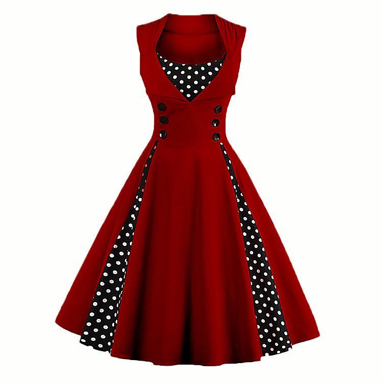 Polka Dot Pleats Retro Flair Dress-Dark Red-Theone Apparel