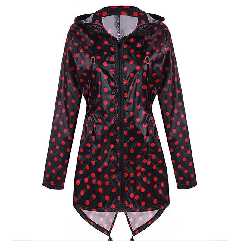 Polka Dot Print Hoodie Trench Coat-Black/Red-Theone Apparel