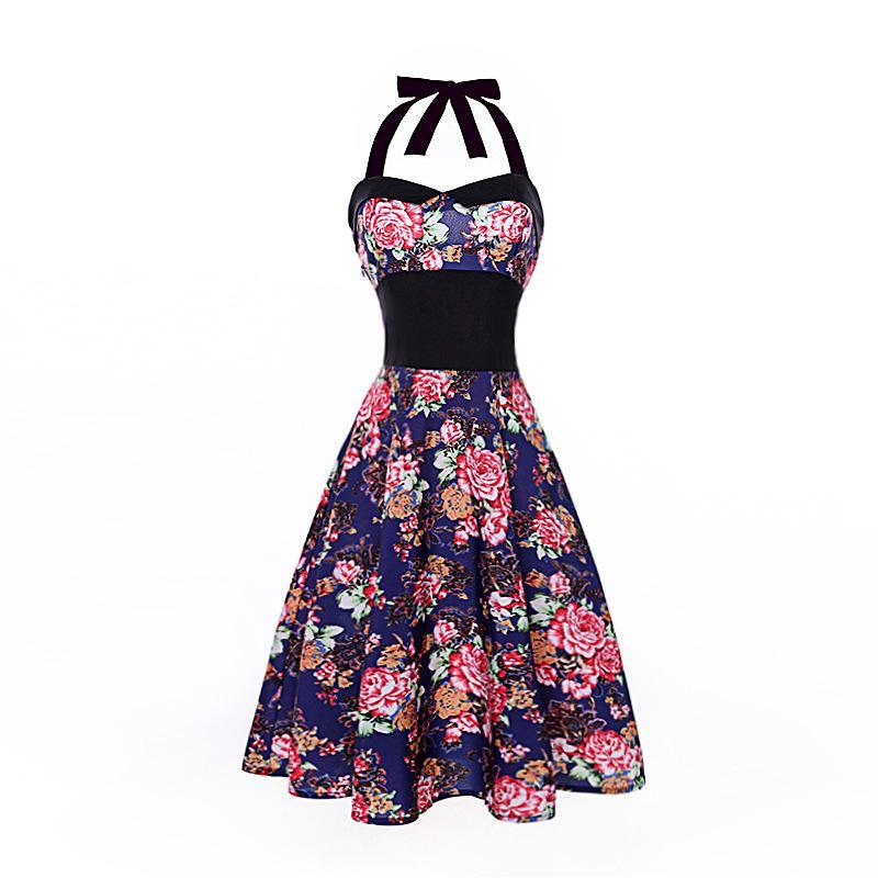 Polka Dots and Pleats Halter Dress-Blue-Theone Apparel