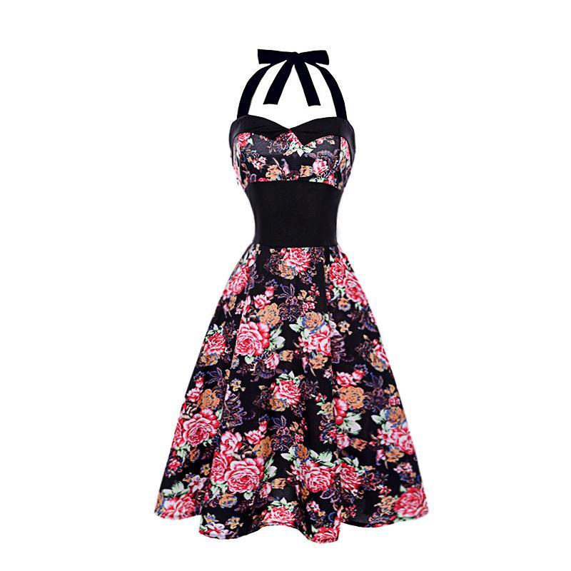 Polka Dots and Pleats Halter Dress-Black-Theone Apparel