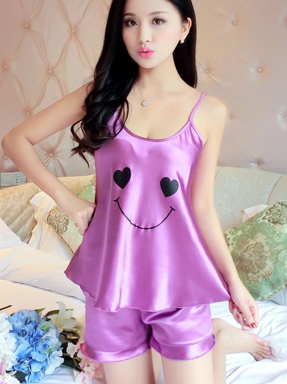 Satiniges Pyjama-Short-Set mit Smiley-Gesicht