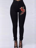 Red Floral Embroidery Skinny Jeans - Theone Apparel