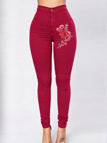 Red Floral Embroidery Skinny Jeans-Red-Theone Apparel