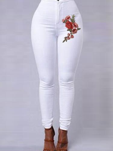Red Floral Embroidery Skinny Jeans-White-Theone Apparel