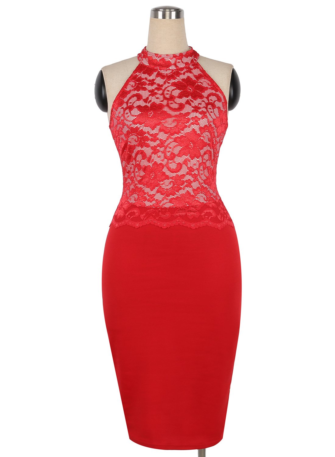 Lace Bodice Fitted Halter Dress