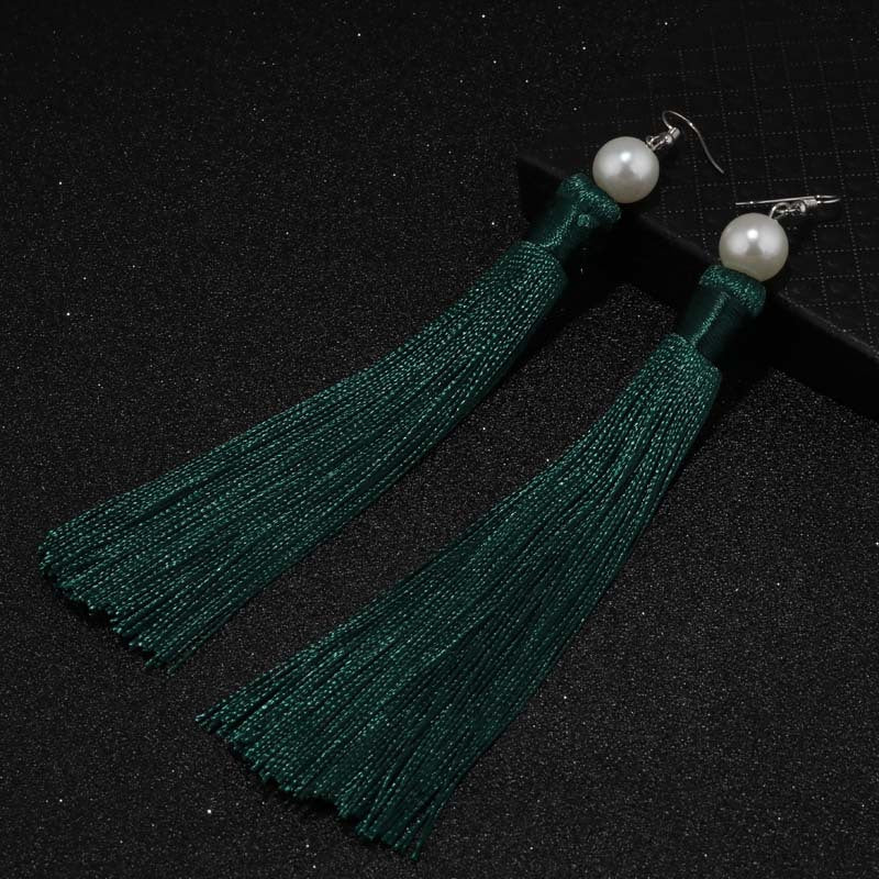Red Tassel Pearl Drop Earrings-Green-Theone Apparel