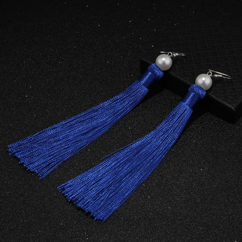 Red Tassel Pearl Drop Earrings-Blue-Theone Apparel