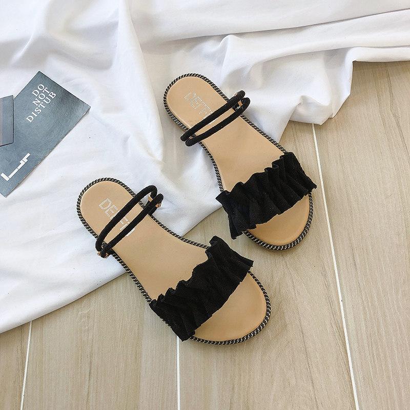 Ruffled Chain Trim Slip On Sandals-Black-Theone Apparel