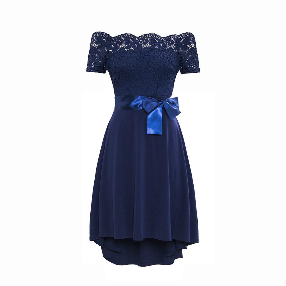 Satin Bowtie Off Shoulder Lace Dress-Dark Blue-Theone Apparel