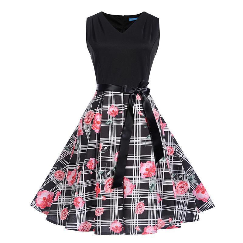 Satin Waist Bow Cocktail Dress-Black/Pink-Theone Apparel