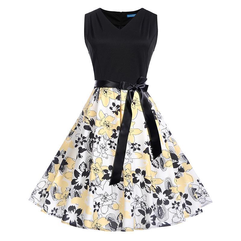 Satin Waist Bow Cocktail Dress-White/Yellow-Theone Apparel