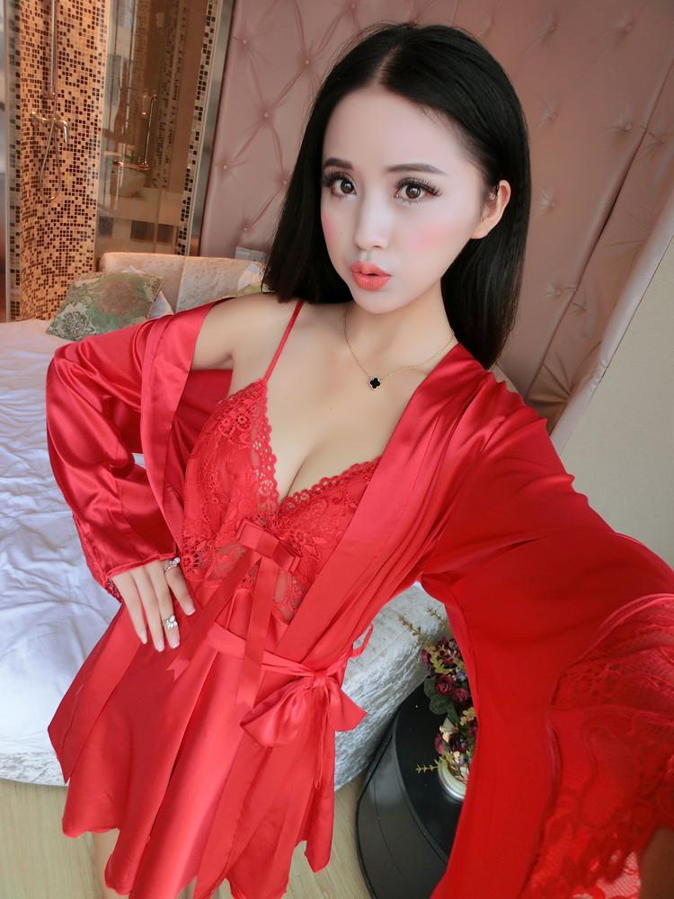 Scalloped Lace Nightie Dress with Robe-Red-Theone Apparel