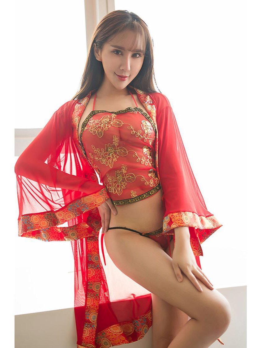 Sexy Sheer Geisha Lingerie Robe Set-Red-Theone Apparel