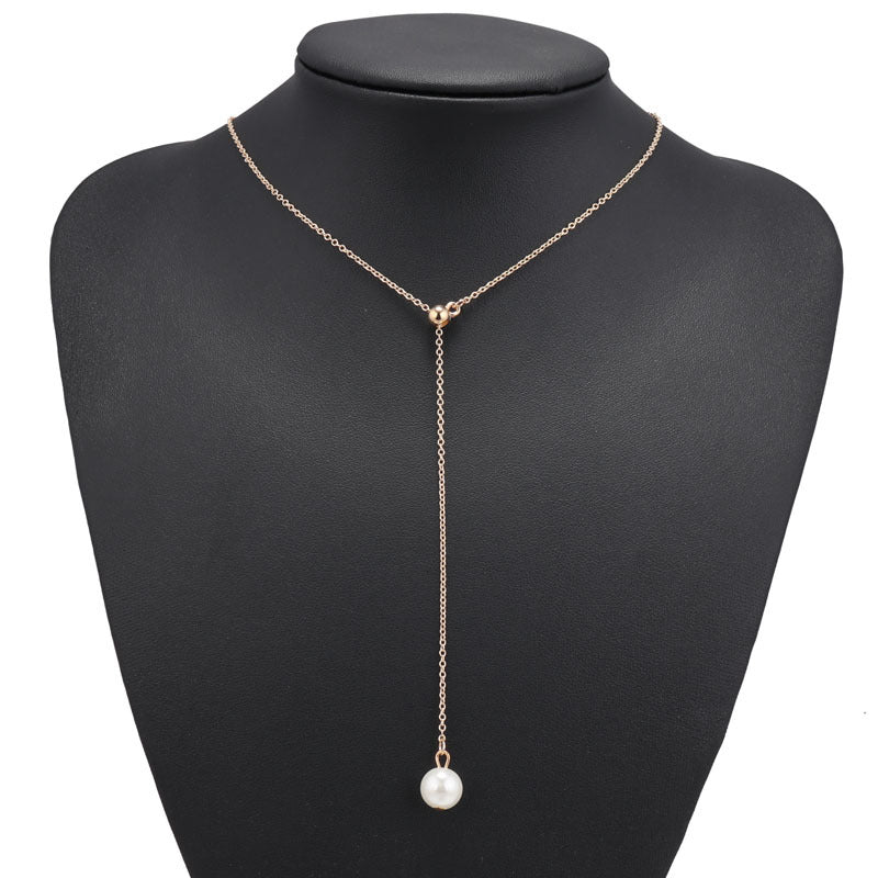 Single Faux Pearl Drop Necklace-Gold-Theone Apparel